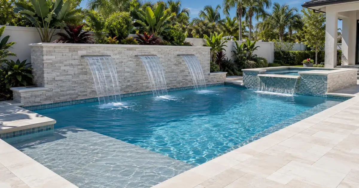Waterfall added to an existing swimming pool during a Northeast Florida pool remodeling project